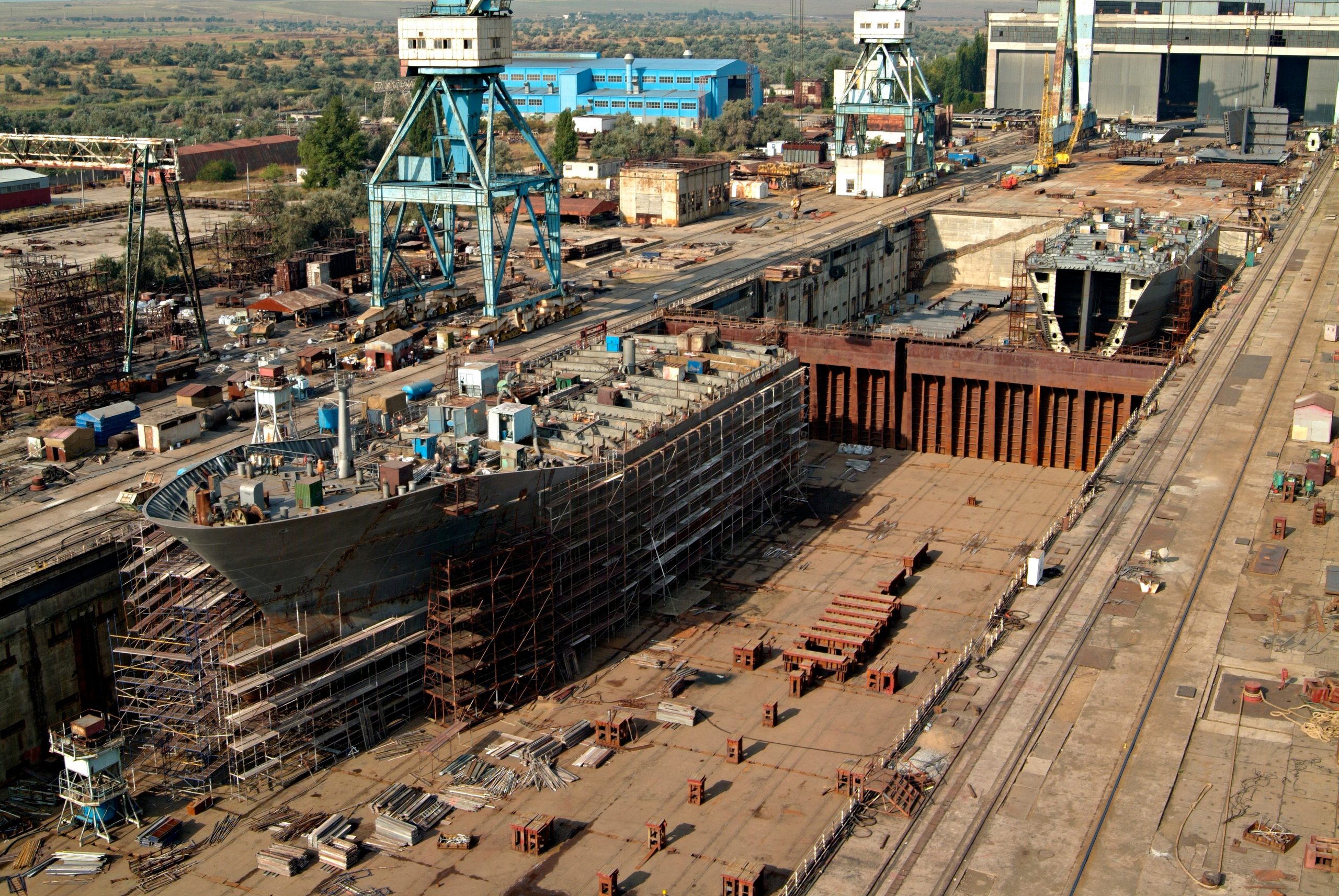 Vessel under construction in a dry dock